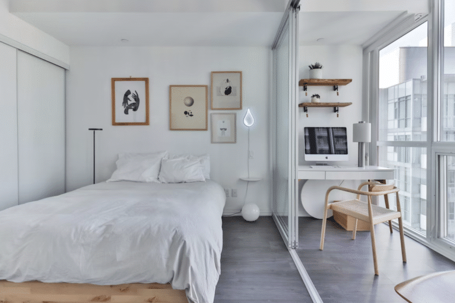 Minimalist white bedroom with a sliding glass door to a desk and large windows.
